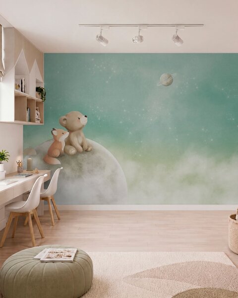 Fototapety Pastelowa ilustracja przedstawiająca niedźwiadka i lisa na tle zielonego nieba, Fototapety Dziecięce, w05431v1 : Uwalls.pl