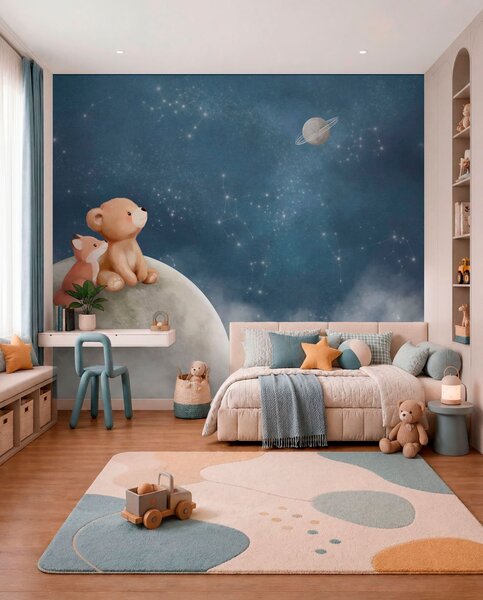 Fototapety Pastelowa ilustracja przedstawiająca niedźwiadka i lisa na tle nocnego nieba, Fototapety Dziecięce, w05431 : Uwalls.pl