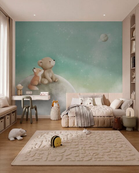 Fototapety Pastelowa ilustracja przedstawiająca niedźwiadka i lisa na tle zielonego nieba, Fototapety Dziecięce, w05431v1 : Uwalls.pl