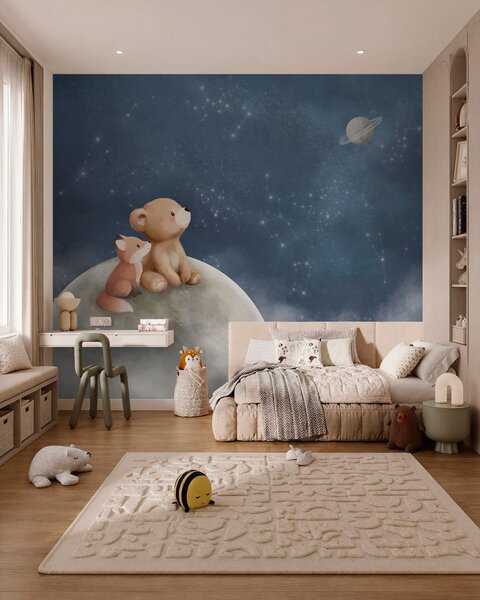 Fototapety Pastelowa ilustracja przedstawiająca niedźwiadka i lisa na tle nocnego nieba, Fototapety Dziecięce, w05431 : Uwalls.pl