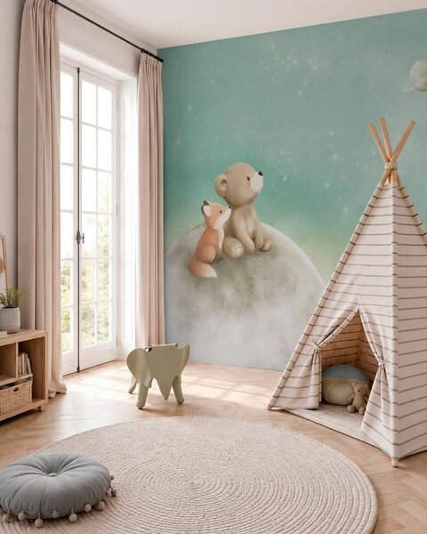 Fototapety Pastelowa ilustracja przedstawiająca niedźwiadka i lisa na tle zielonego nieba, Fototapety Dziecięce, w05431v1 : Uwalls.pl