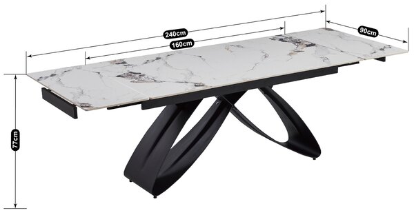 Rozkładany stół z ceramicznym blatem Luigi 160-240 cm, biały marmur/czarny