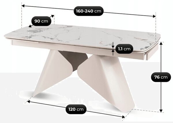 Ceramiczny stół z rozkładanym blatem Verona 160-240 cm, biały marmur/kaszmir