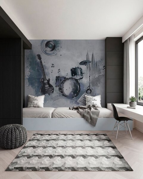 Fototapety Gitara i zestaw perkusyjny z nutami, Tapety Wyjątkowe, w05546 : Uwalls.pl