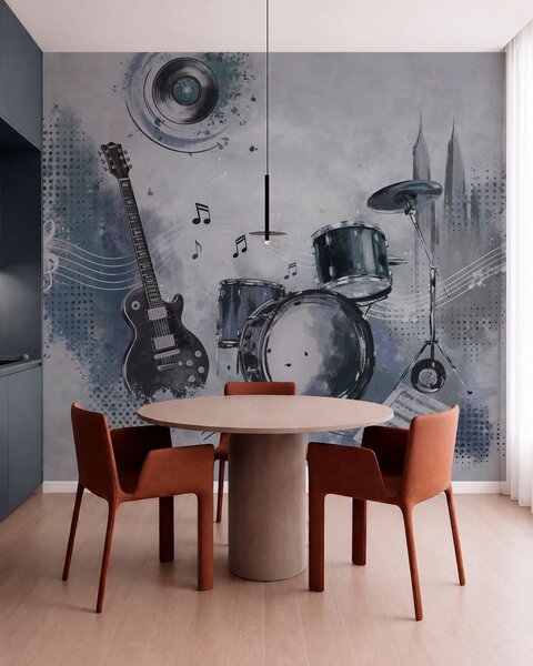 Fototapety Gitara i zestaw perkusyjny z nutami, Tapety Wyjątkowe, w05546 : Uwalls.pl