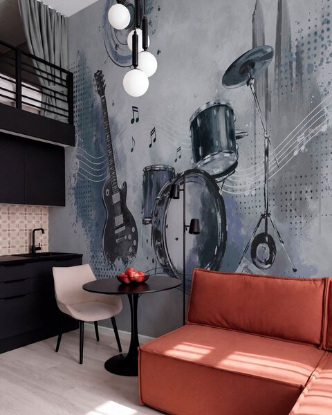 Fototapety Gitara i zestaw perkusyjny z nutami, Tapety Wyjątkowe, w05546 : Uwalls.pl