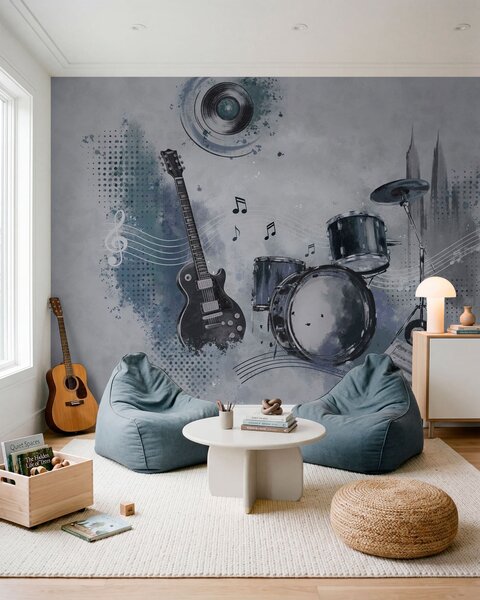 Fototapety Gitara i zestaw perkusyjny z nutami, Tapety Wyjątkowe, w05546 : Uwalls.pl