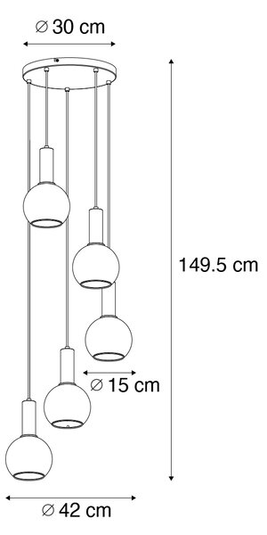 Lampa wisząca w stylu art deco czarna z dymionym szkłem okrągła 5-światłowa - Josje