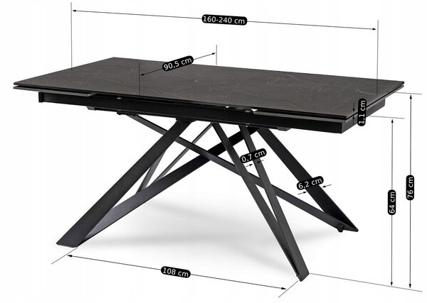 Rozkładany stół z ceramicznym blatem Maxime 160-240 cm czarny marmur