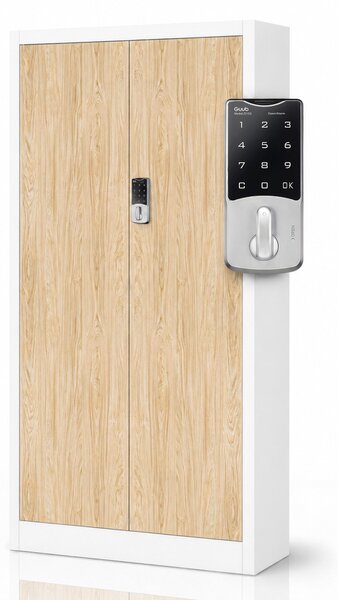 Biurowa szafa metalowa z zamkiem na szyfr biała / dąb sonoma: Eco Design DANIEL, 900 x 1850 x 400 mm
