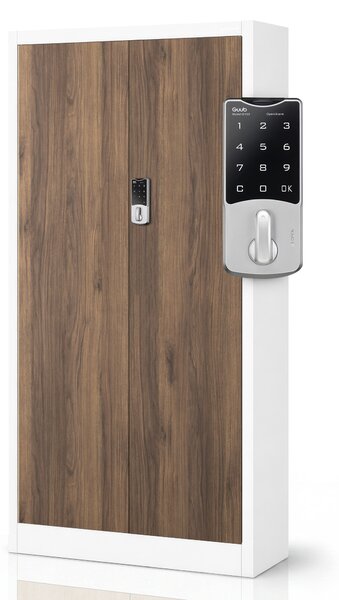 Biurowa szafa metalowa z zamkiem na szyfr biała / orzech: Eco Design DANIEL, 900 x 1850 x 400 mm