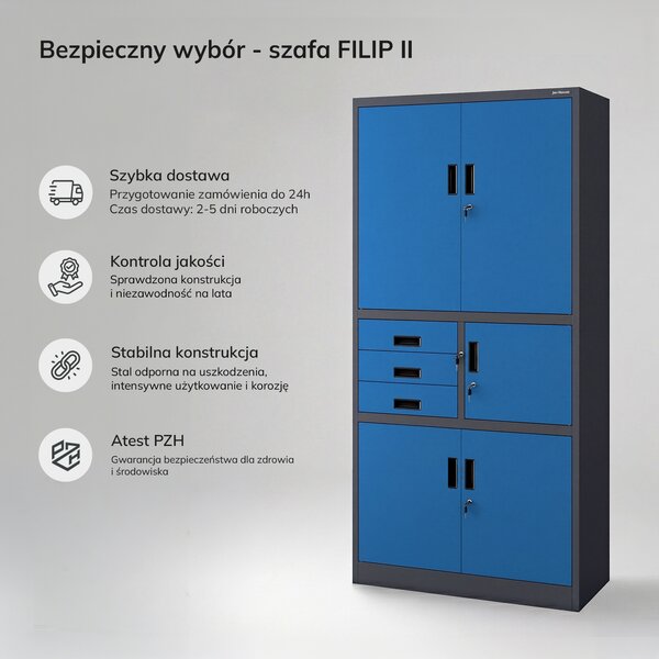 Biurowa szafa metalowa z sejfem antracytowo-niebieska: FILIP II, 900 x 1850 x 400 mm