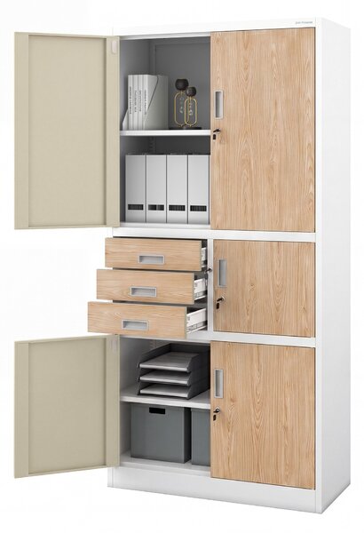 Biurowa szafa metalowa z sejfem biała / dąb sonoma: Eco Design FILIP II, 900 x 1850 x 400 mm