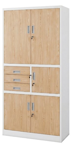 Biurowa szafa metalowa z sejfem biała / dąb sonoma: Eco Design FILIP II, 900 x 1850 x 400 mm