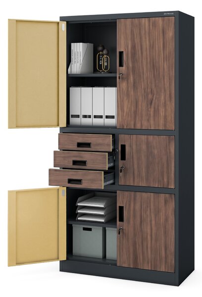 Biurowa szafa metalowa z sejfem antracytowa / orzech: Eco Design FILIP II, 900 x 1850 x 400 mm