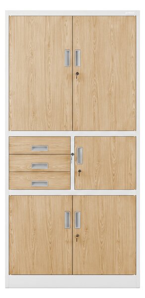 Biurowa szafa metalowa z sejfem biała / dąb sonoma: Eco Design FILIP II, 900 x 1850 x 400 mm