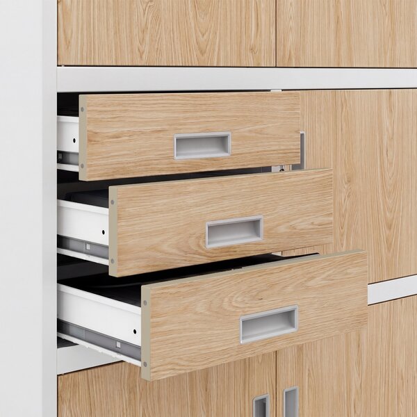 Biurowa szafa metalowa z sejfem biała / dąb sonoma: Eco Design FILIP II, 900 x 1850 x 400 mm