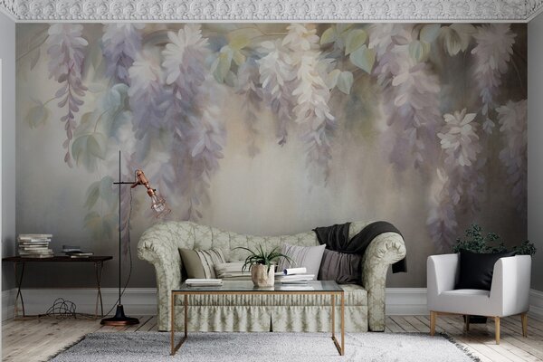 Fototapety Teksturowane, jasnofioletowe kwiaty glicynii zwisające wraz z zielonymi liśćmi na pastelowym tle, Fototapety Natura, w09896 : Uwalls.pl