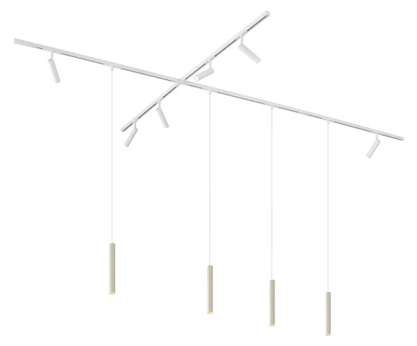 Nowoczesny system oświetleniowy szynowy z 6 reflektorami i 4 lampami wiszącymi w kolorze beżowym i białym, jednofazowy - Slimline Uzzy Keno