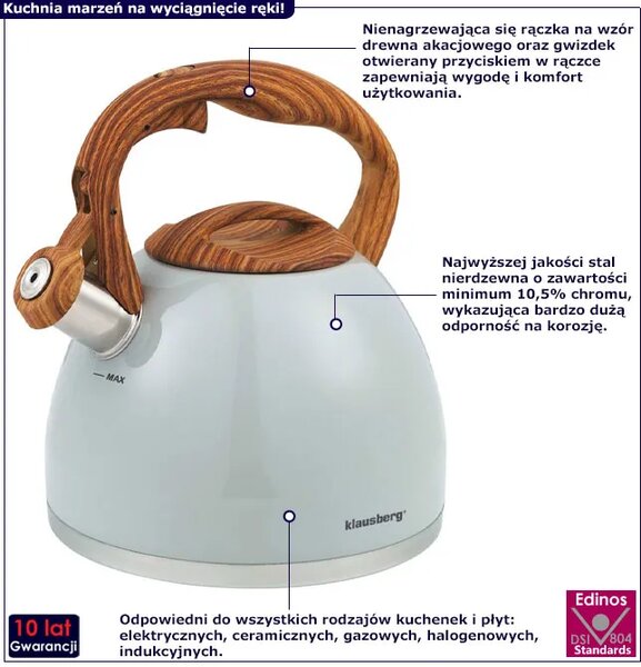 Elegancki czajnik ze stali nierdzewnej 3L szary połysk H7-T40