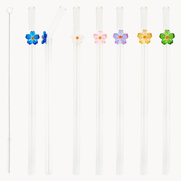 Komplet'słomek ze szkła borokrzemowego ze szczoteczką Miniature Flowers, 7 elem