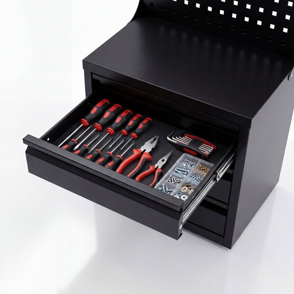 Organizer z tablicą perforowaną i szufladami, 660x400x300 mm