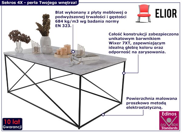 Prostokątna ława z metalowym stelażem czarny + beton W8-T09
