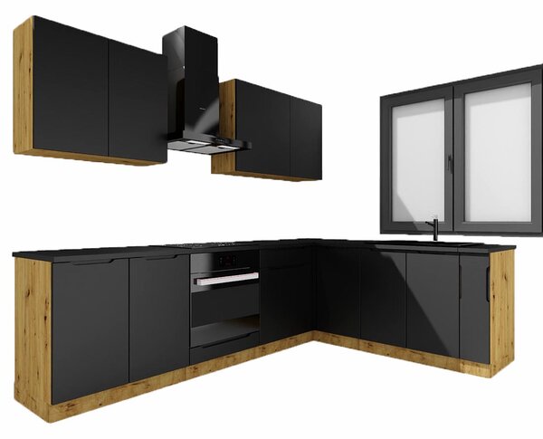 Zestaw mebli kuchennych narożnych 260 cm dąb artisan + czarny F9-S42