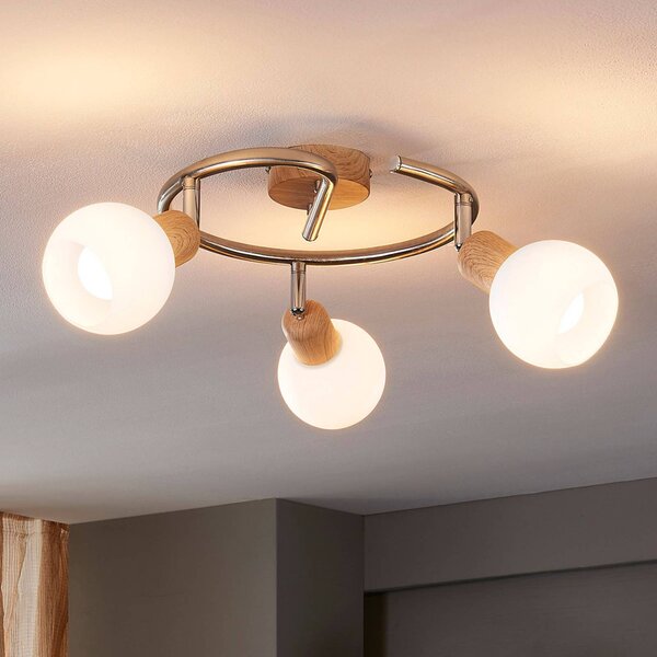 Lampa sufitowa Svenka, 3-pkt., mosiądz Svenka Lindby, możliwość ściemniania, jasne drewno, salon / jadalnia, szkło, nowoczesny