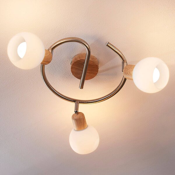 Lampa sufitowa Svenka, 3-pkt., mosiądz Svenka Lindby, możliwość ściemniania, jasne drewno, salon / jadalnia, szkło, nowoczesny
