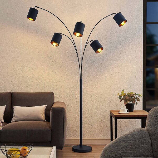 Lampa stojąca Lindby Abiram, czarny/złoty, tekstylny, 70cm Abiram, czarny, salon / jadalnia, metal, nowoczesny