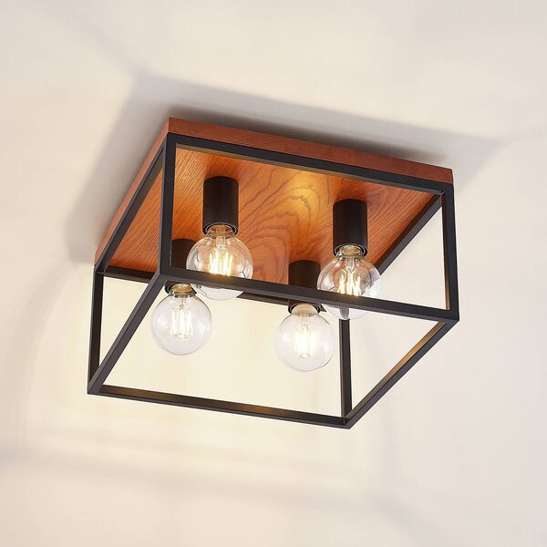 Lampa sufitowa Miravi Lindby, możliwość ściemniania, czarny, salon / jadalnia, drewno, nowoczesny