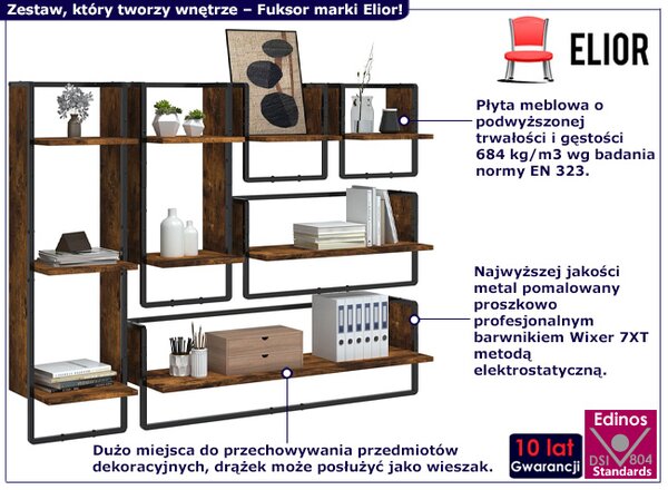 Industrialny zestaw 6 półek ściennych przydymiony dąb H4-T70