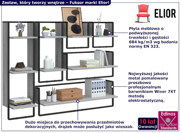 6 półek ściennych z metalowym stelażem szary dąb W6-R22