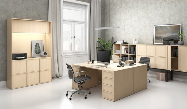 Regał FRAME, niski, z białą podstawą, 1299 x 450 x 1331 mm, brzoza
