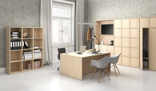 Regał FRAME, niski, z białą podstawą, 1299 x 450 x 1331 mm, brzoza