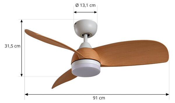 Wentylator sufitowy LED Lindby Enon, biały/w kolorze drewna, DC, cichy Enon Lindby, możliwość ściemniania, biały / opal, salon / jadalnia, metal, nowoczesny