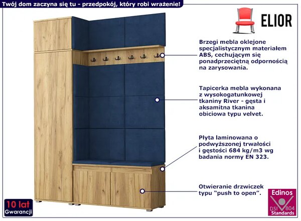 Szafa z siedziskiem tapicerowanym dąb craft + granat K6-M38