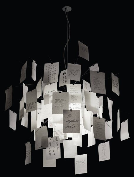Ingo Maurer Lampa wisząca designerska Zettel'z 5, możliwość ściemniania, biały / opal, salon / jadalnia, papier / lunolit / lunopal, design