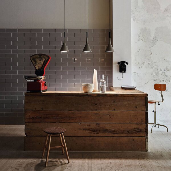 Foscarini Lampa wisząca Aplomb Mini, możliwość ściemniania, aluminiowy / szary / cynkowy, kuchnia, beton, design