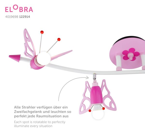 Elobra Lampa sufitowa Falter, możliwość ściemniania, fioletowy / różowy / bladoróżowy, pokój dziecięcy, drewno