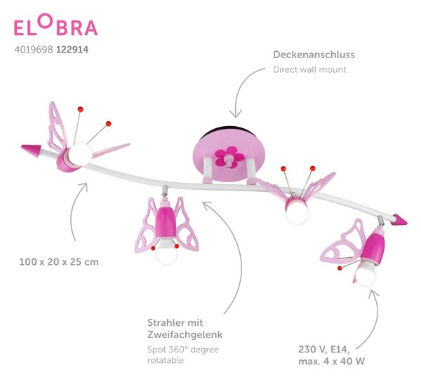 Elobra Lampa sufitowa Falter, możliwość ściemniania, fioletowy / różowy / bladoróżowy, pokój dziecięcy, drewno