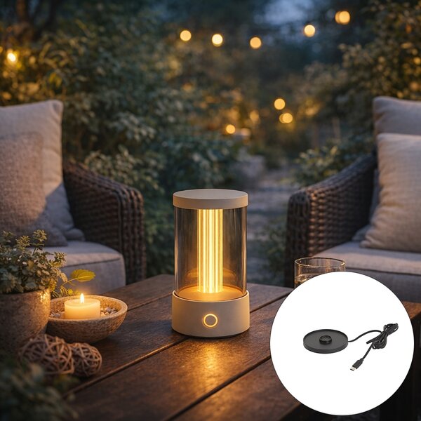 Zewnętrzna lampa stołowa beżowa ładowalna ze stacją ładującą IP65 - Grill