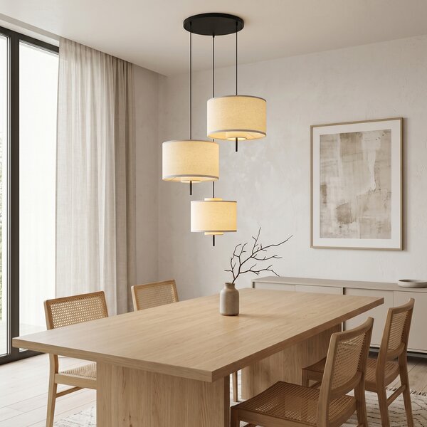 Lampa wisząca Japandi czarna z białym lnianym kloszem 3-punktowa - Rieu