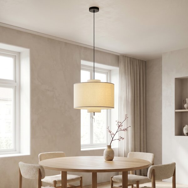 Lampa wisząca Japandi czarna z białym lnianym kloszem 50cm - Rieu