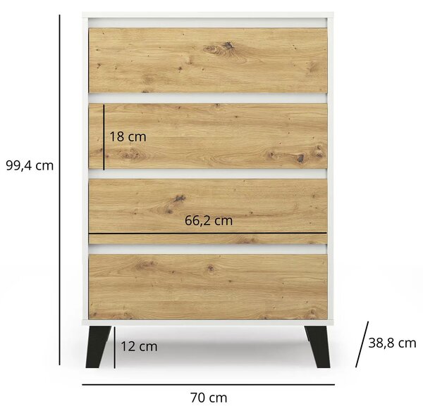 Komoda z 4 szufladami w stylu skandynawskim biały + dąb artisan K7-K98