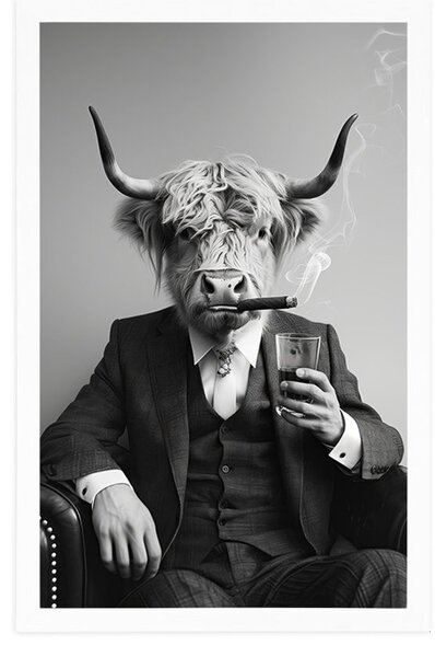 Plakat krowa w garniturze z cygarem i whisky