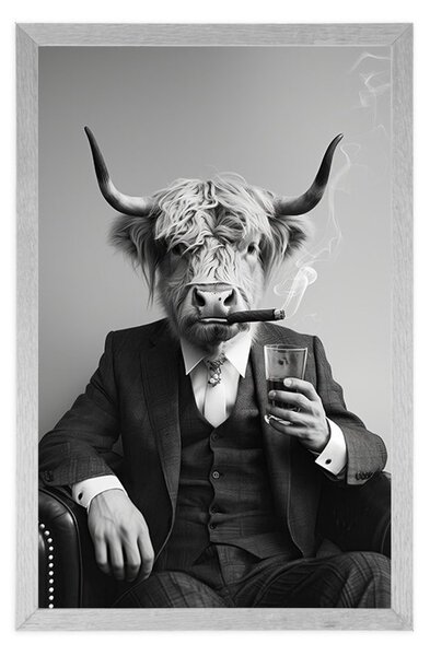 Plakat krowa w garniturze z cygarem i whisky