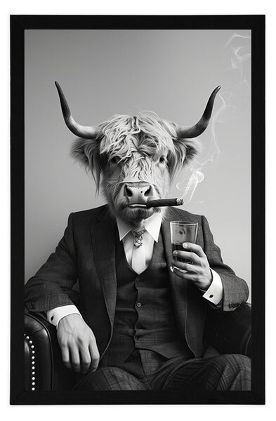 Plakat krowa w garniturze z cygarem i whisky