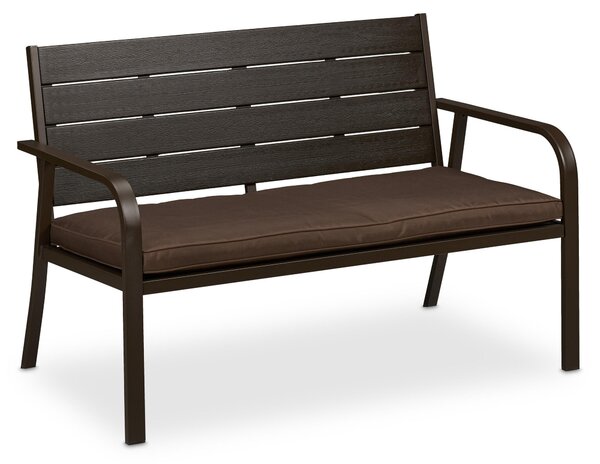 Ławka ogrodowa Relaxdays z poduszką do siedzenia, imitacja drewna, wymiary: 78 x 118 x 66 cm, dwuosobowa, solidna ławka balkonowa, ławka, brązowa